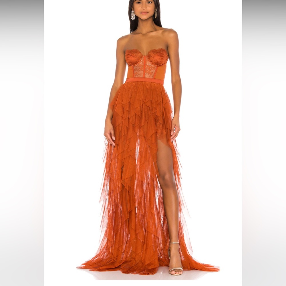 x REVOLVE Bustier Gown in Rust- For love and lemons
